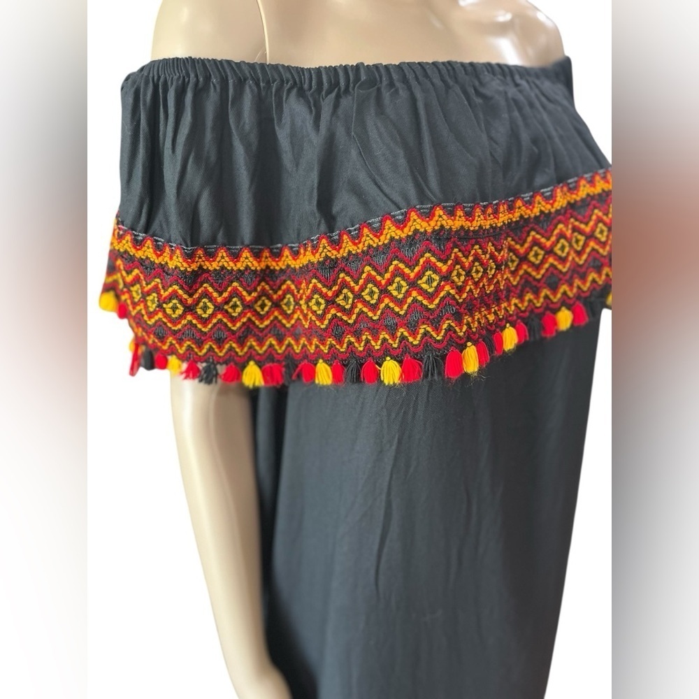 Hand crafted Off-Shoulder Black Maxi kaftan Dress with Orange Accents-L - Picture 4 of 7